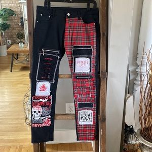 JEANS PATCHES PUNK GOTH STEAMPUNK BLACK JEANS 32 EXCELLENT SKULL